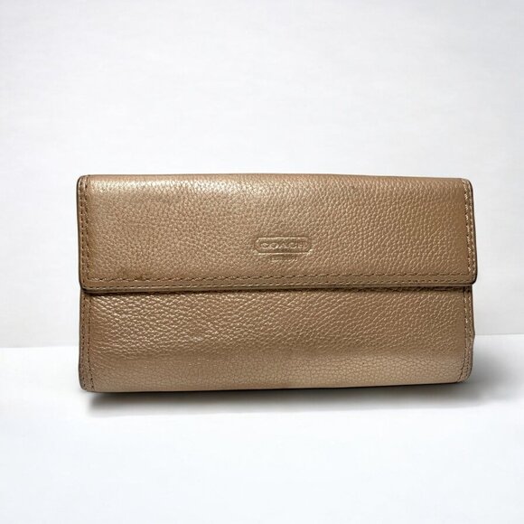 Coach Gold Leather Trifold Wallet With Snap Closure & Card Slots - Picture 1 of 11